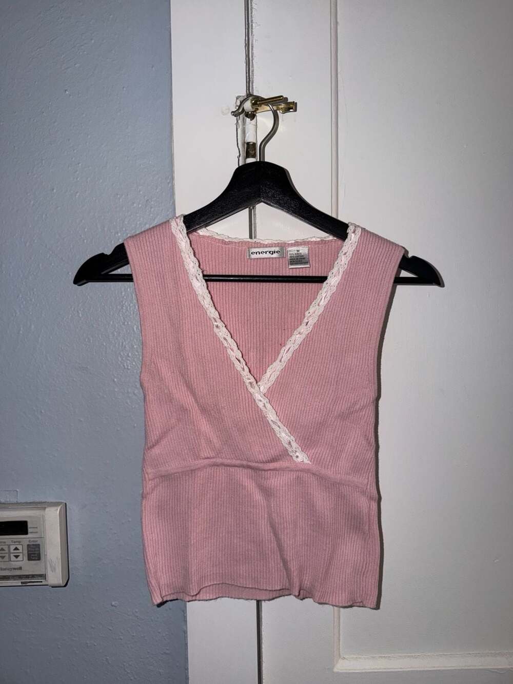Energie Pink Ribbed Knit Lace Trim Sleeveless Top Size M